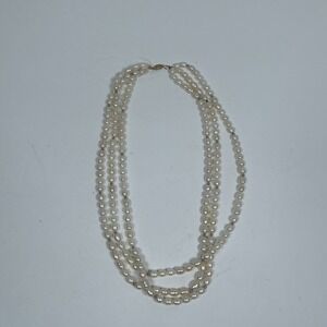 Vintage 14K Gold 3-Strand Freshwater Pearl Necklace Smooth Spacer Beads Signed